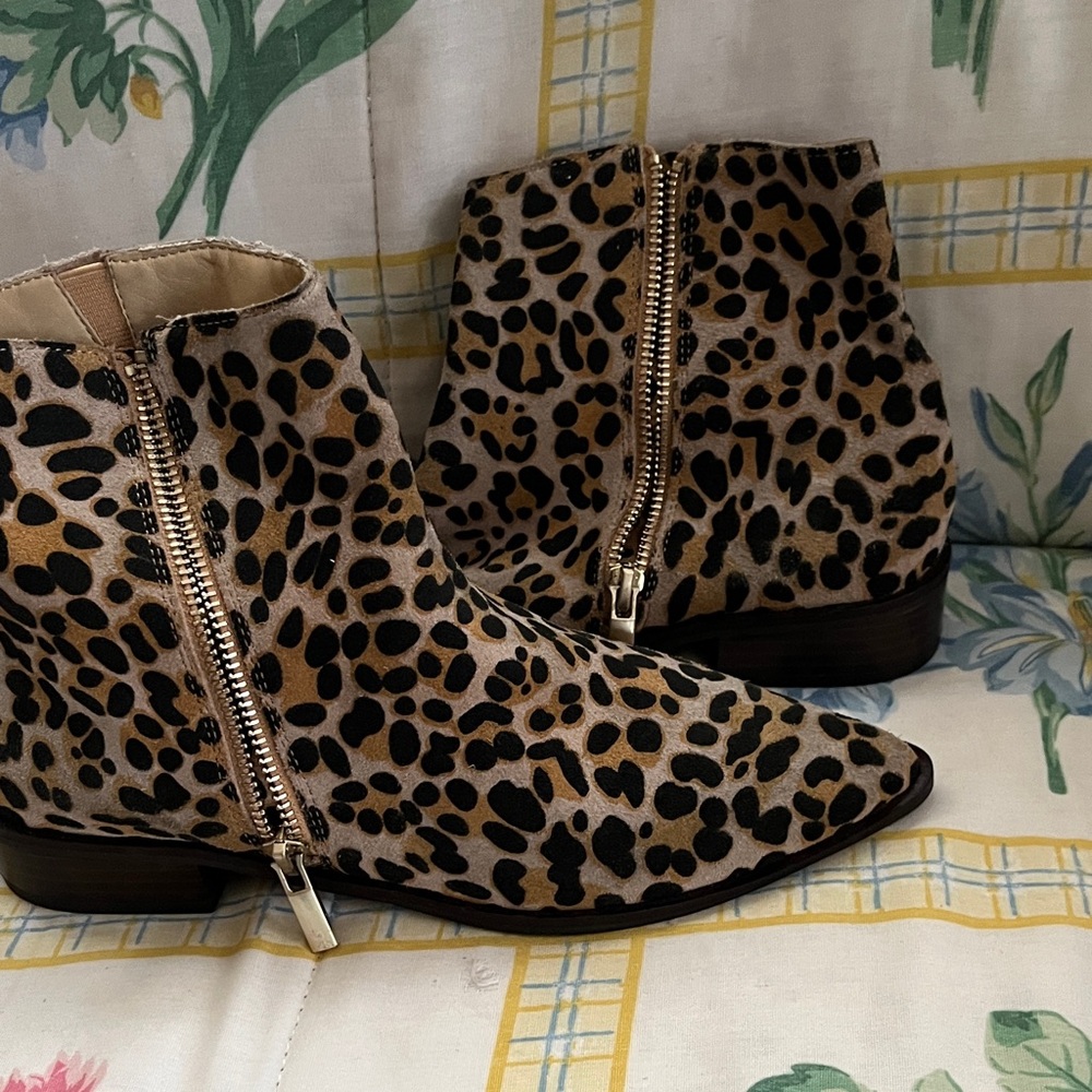 Leopard Print Suede Ankle Boots - Women's Zip Booties
